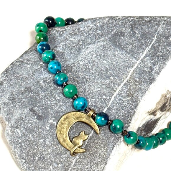 Teal Chrysocolla Short Necklace, Genuine Gemstone & Bronze Cat on the Moon Charm - Picture 4 of 13